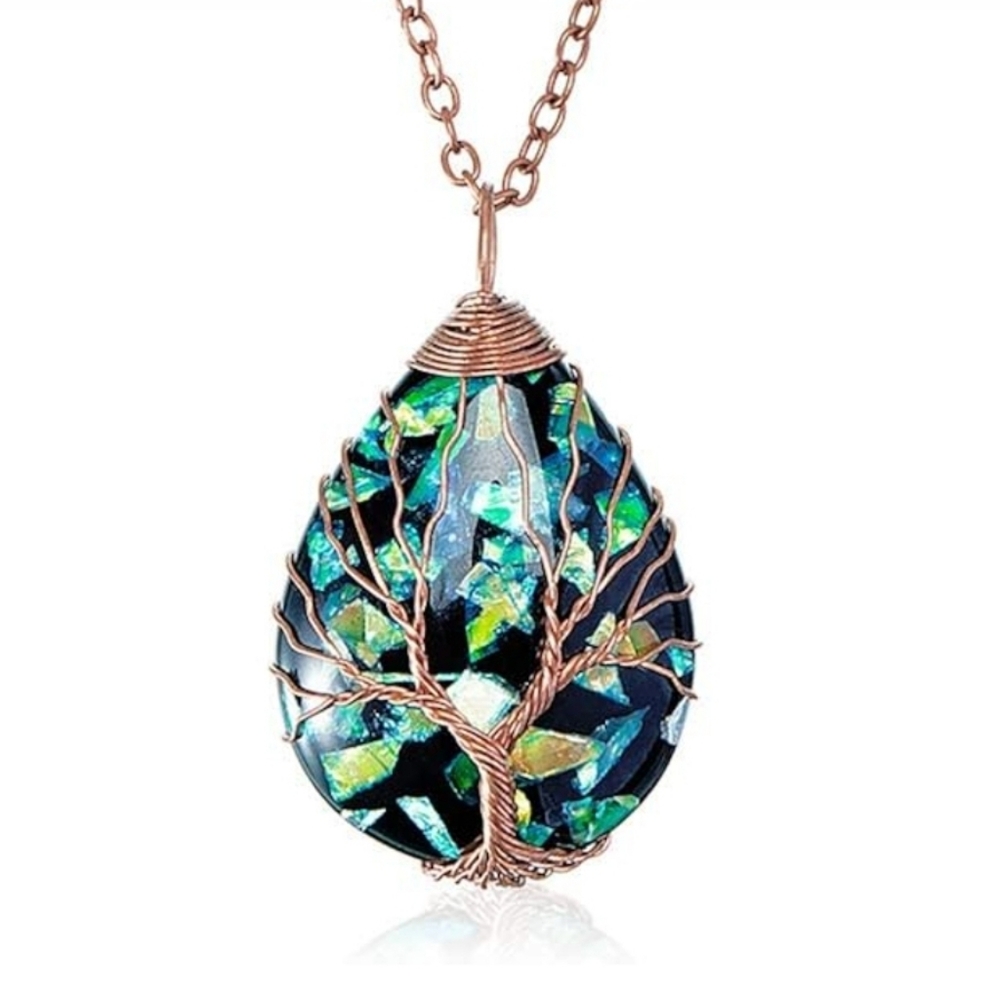 Tree of Life Abalone Shell Copper Wire Wrapped Pendant Necklace
